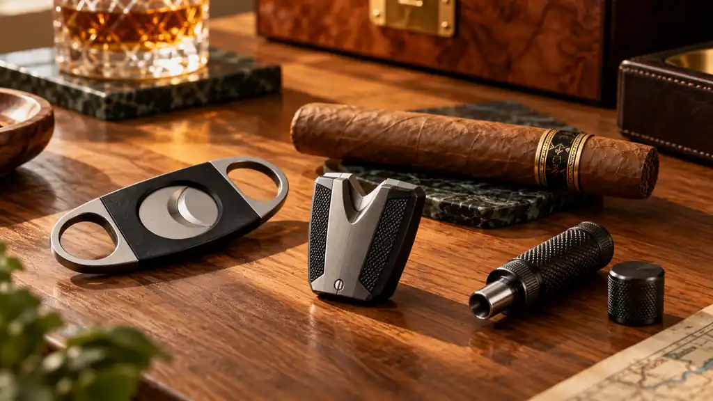 Straight, V-cut, and punch cigar cutters arranged beside a premium cigar