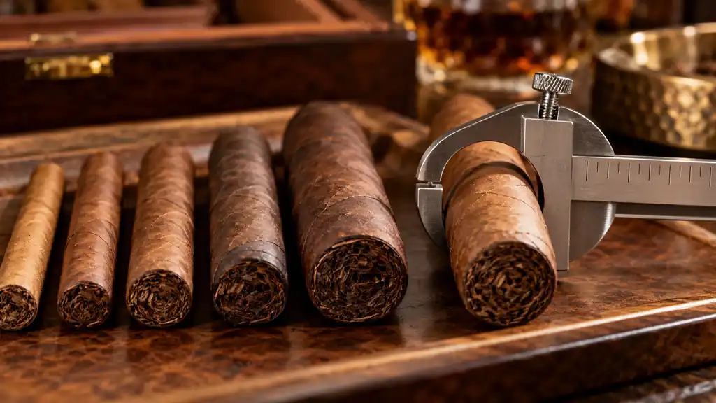 Cigars of different ring gauges beside a metal measuring caliper