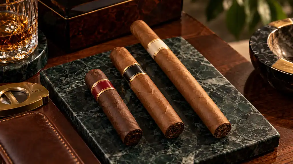 Premium cigars of different lengths and sizes arranged side by side
