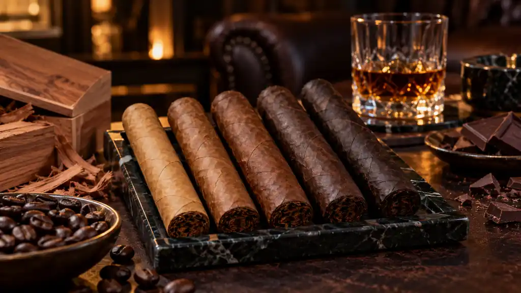 Cigars with progressively darker wrappers beside coffee, chocolate, cedar, and a tasting glass