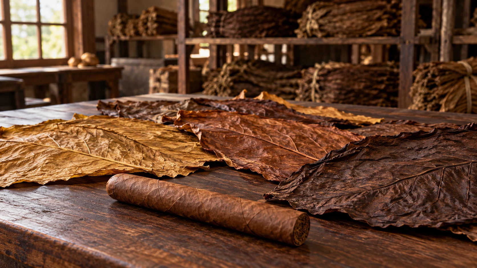 Golden-brown, reddish-brown, and dark cured tobacco leaves on a wooden workshop table beside an unlit cigar