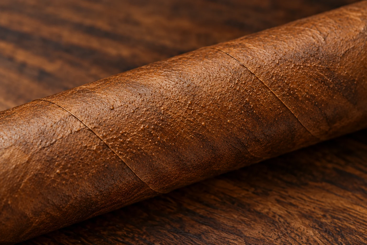 Photorealistic illustration of fine raised bumps on a brown cigar wrapper with consistent spiral seams