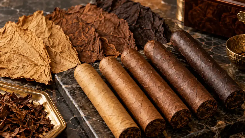 Cigars and tobacco leaves showing a range of wrapper colors and textures