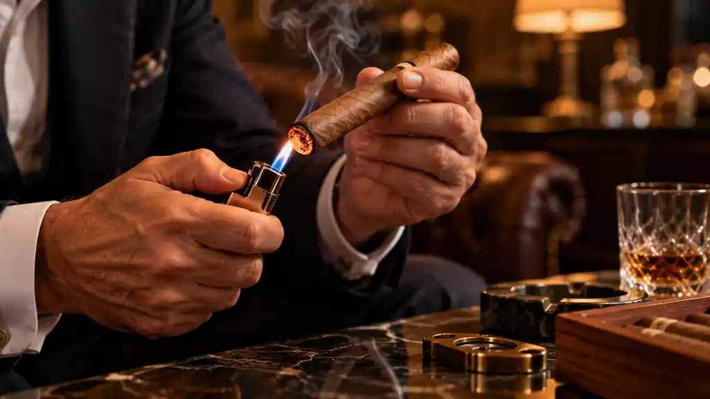 Adult hands gently toasting the foot of a cigar with a torch flame