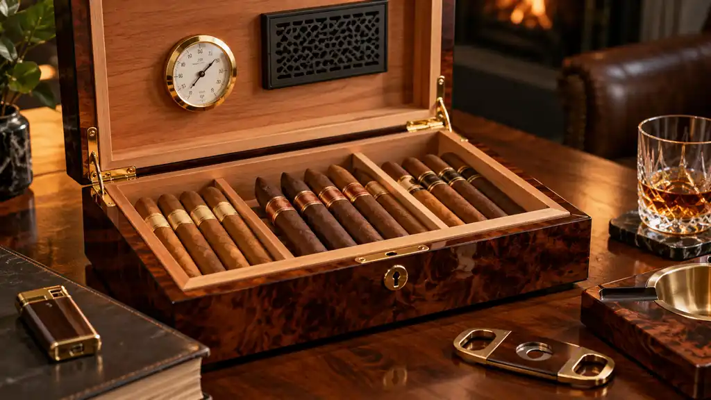 Open wooden humidor with cigars, hygrometer, cutter, and lighter