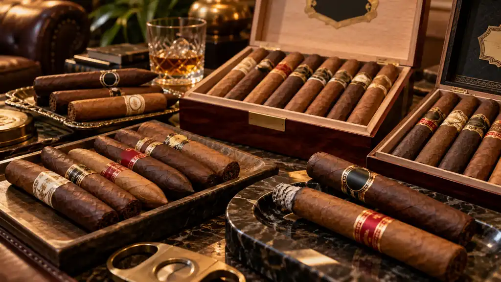Assortment of premium cigars from different generic cigar lines displayed on trays and in boxes