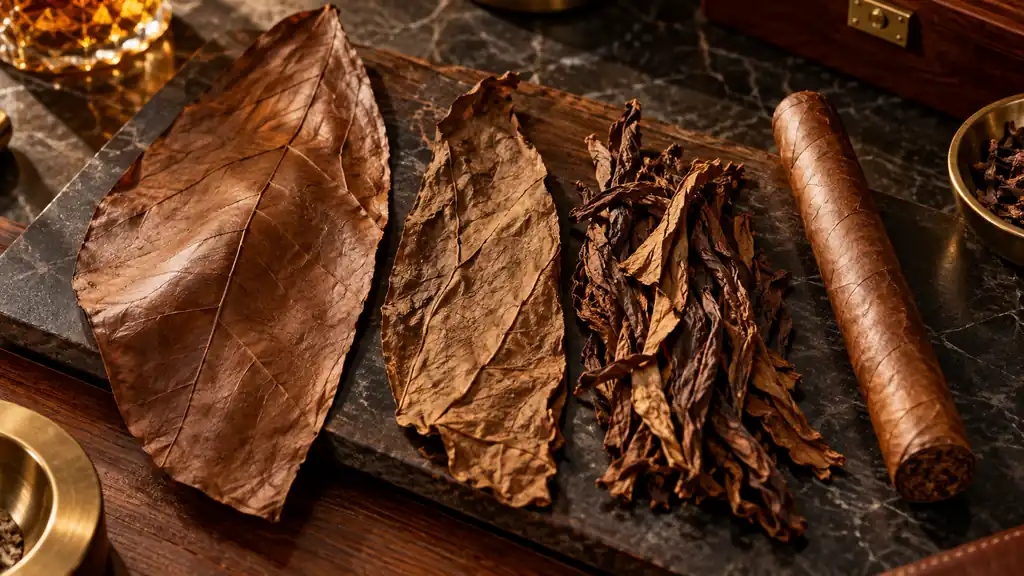 Wrapper leaf, binder leaf, filler tobacco, and a finished premium cigar arranged side by side